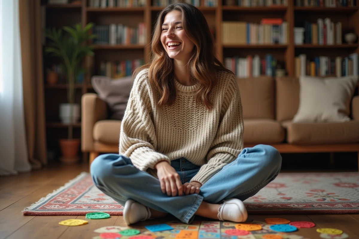 Femme joyeuse jouant à un jeu de société sur un plancher en bois dans un salon cosy