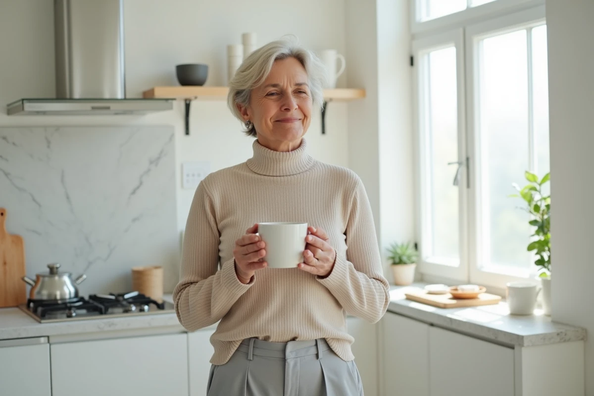 Femme d'âge mûr pratiquant la pleine conscience dans une cuisine minimaliste en savourant une tasse de thé