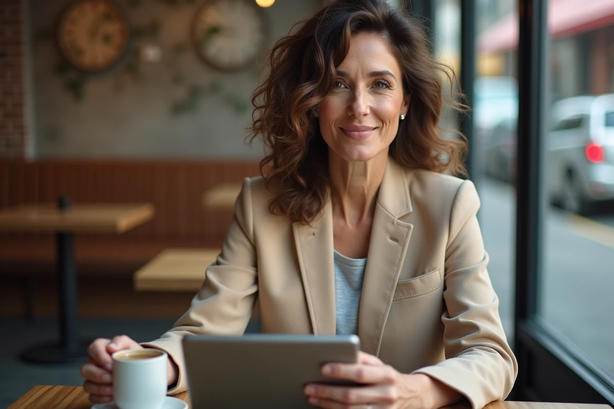 Femme consultant son portefeuille d'investissement sur une tablette dans un café pour planifier la croissance de son capital