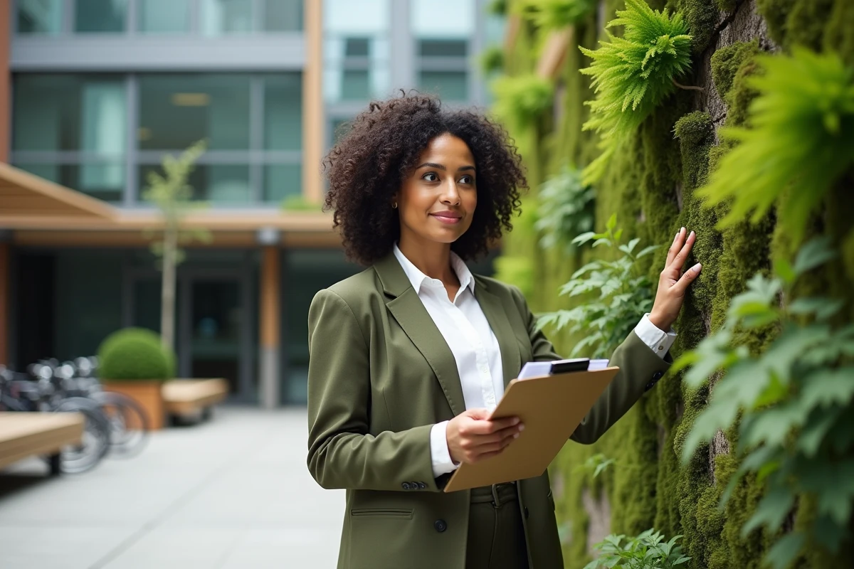 Femme professionnelle devant un mur végétal d'entreprise tenant des documents d'audit de responsabilité sociale et environnementale