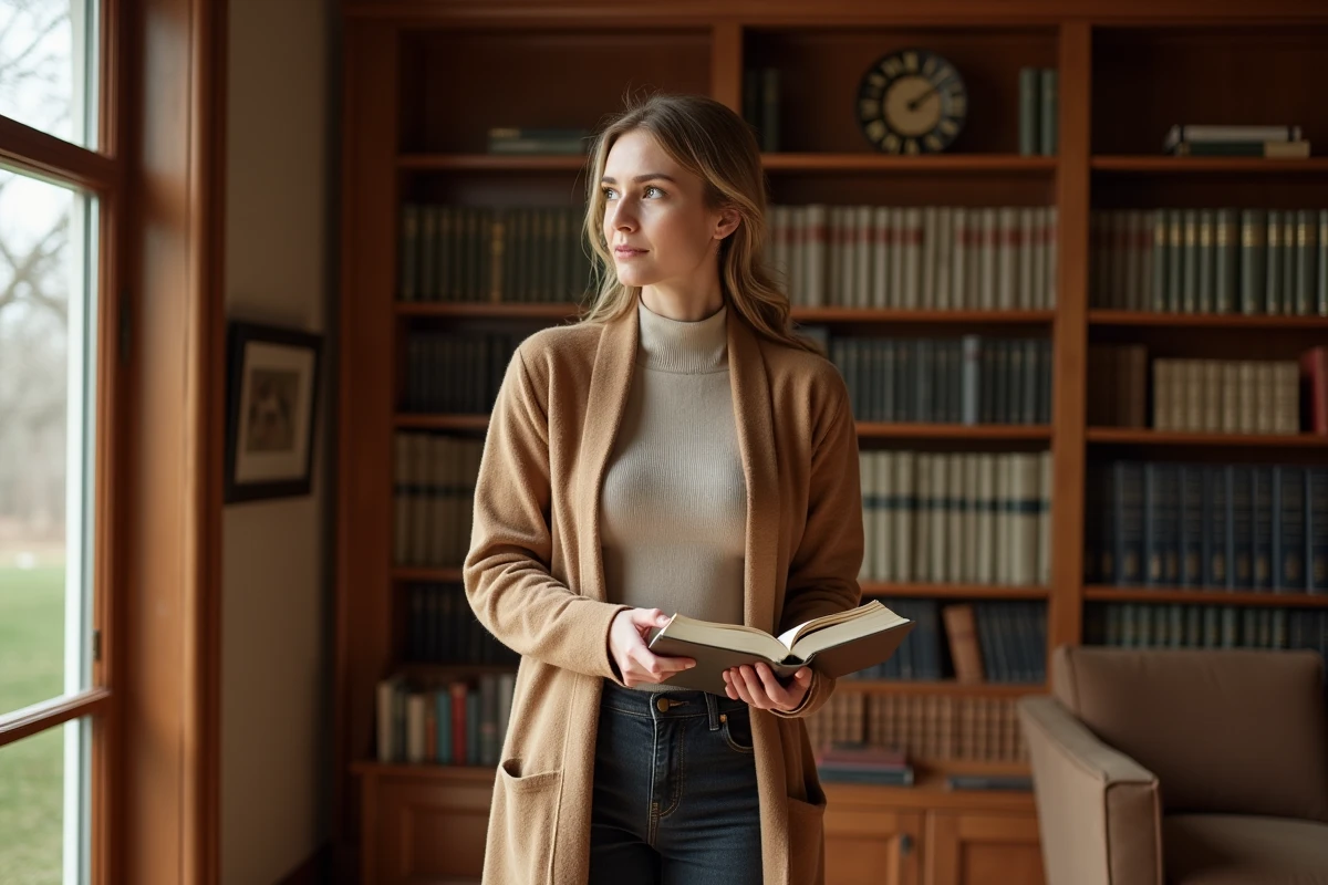 Femme raffinée en cardigan camel dans une bibliothèque chaleureuse, portrait d'élégance et d'intellect féminin
