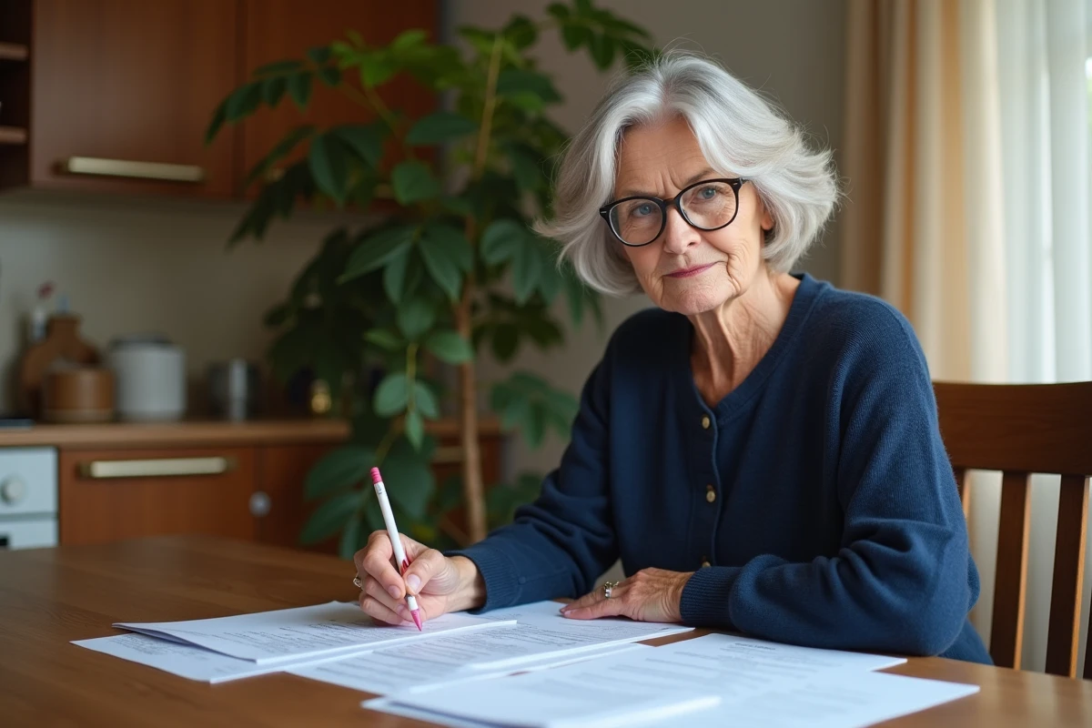 Femme retraitée lisant des documents administratifs pour son dossier de départ à la retraite