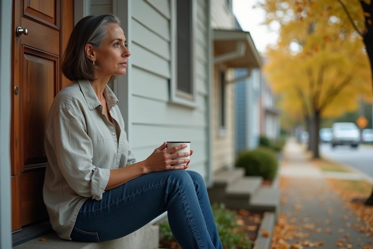 Femme seule et pensive sur les marches de sa maison après une séparation dans une famille recomposée