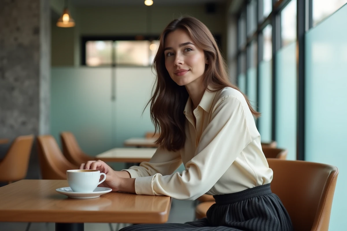 Femme sophistiquée en blouse en soie assise dans un café minimaliste, expression sereine et style raffiné