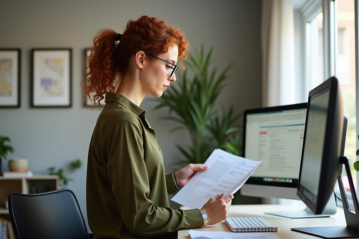 Femme debout à son bureau à domicile examinant des documents dans un espace de télétravail professionnel