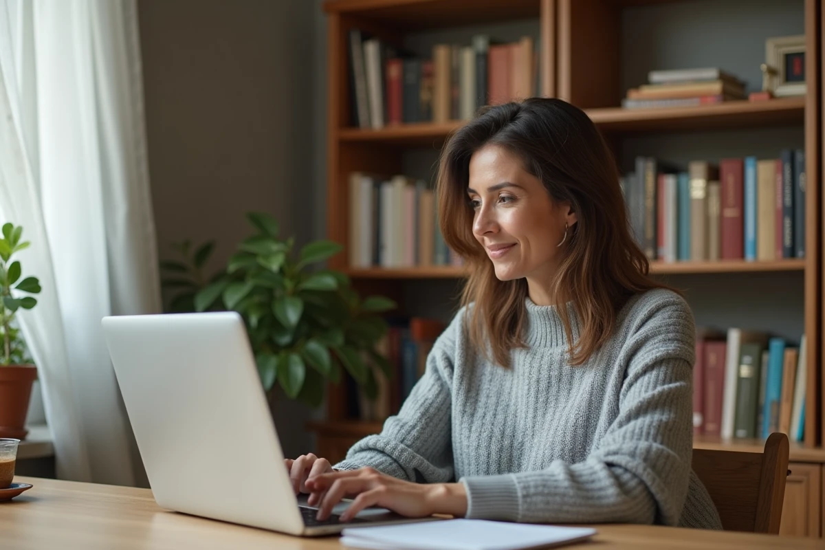 Femme travaillant à domicile sur un ordinateur portable dans un bureau à la maison confortable avec bibliothèque