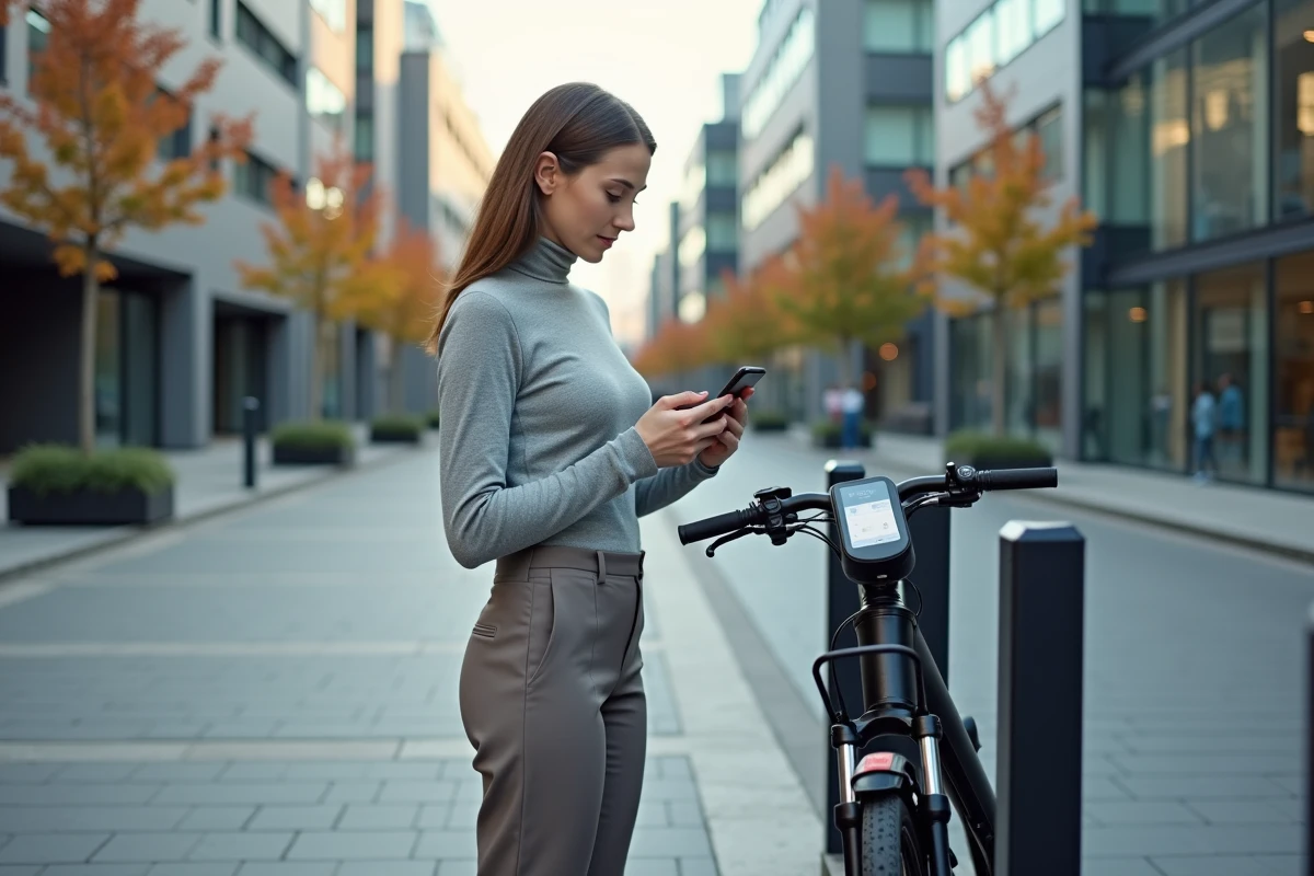 Femme déverrouillant un vélo électrique en libre-service avec son smartphone dans une rue urbaine moderne