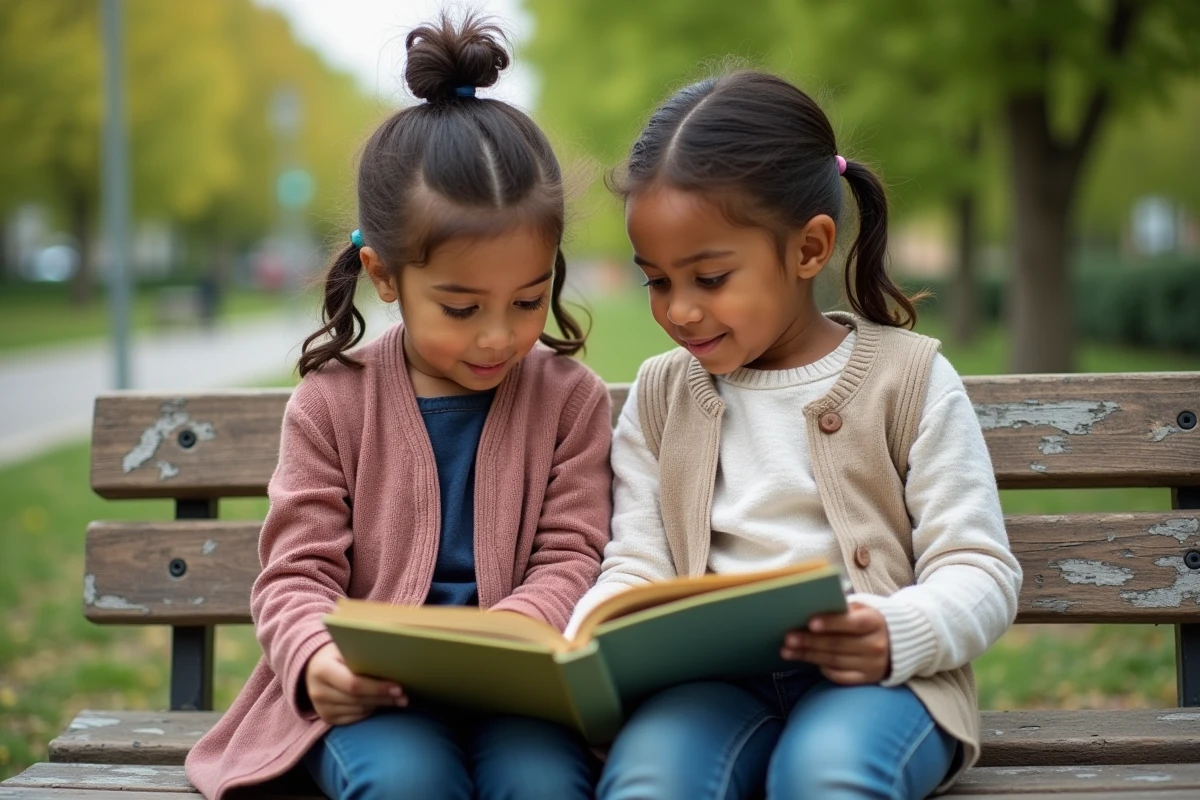 Deux jeunes filles de cultures différentes lisant ensemble un livre illustré dans un parc, symbolisant l'amitié et la diversité