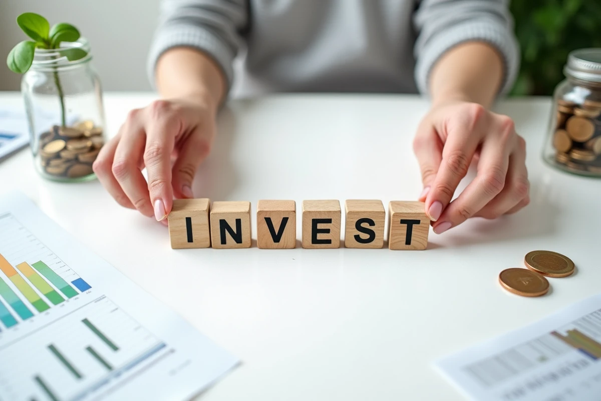 Vue aérienne d'une composition flat-lay symbolisant l'investissement et la croissance du capital avec des pièces et un graphique