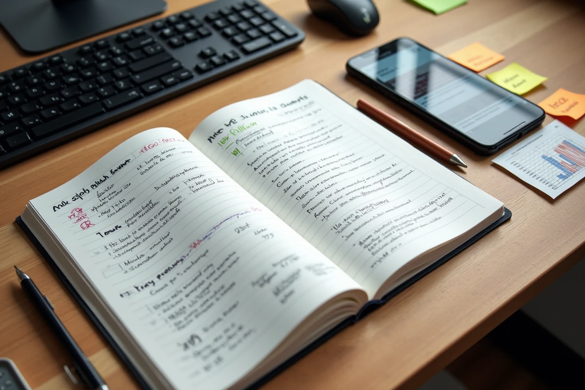 Flat-lay éditorial de notes techniques et d'un smartphone montrant des informations sur la taille des modèles LLM comme ChatGPT
