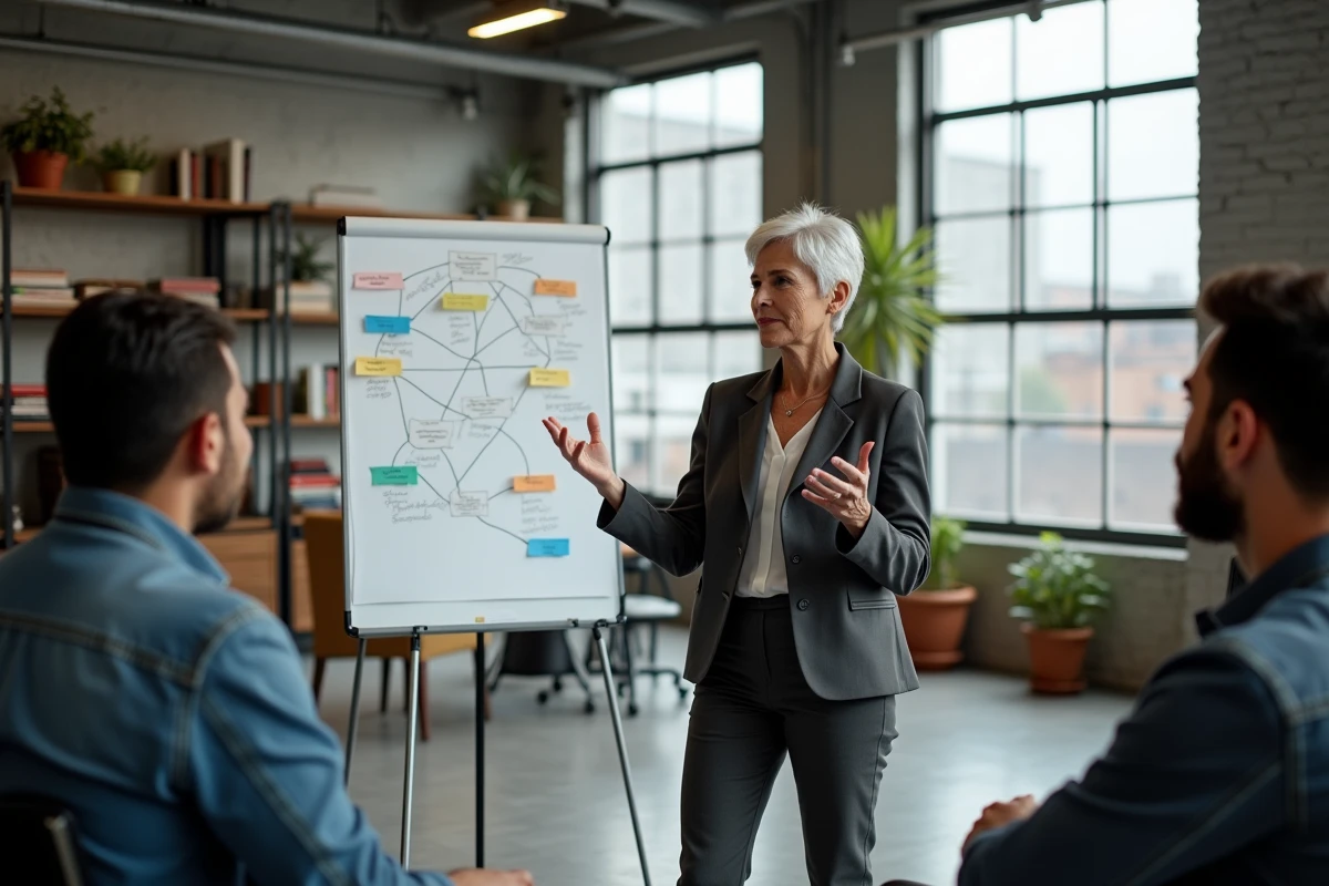 Femme fondatrice animant une session collaborative debout devant un tableau blanc dans un loft créatif avec son équipe