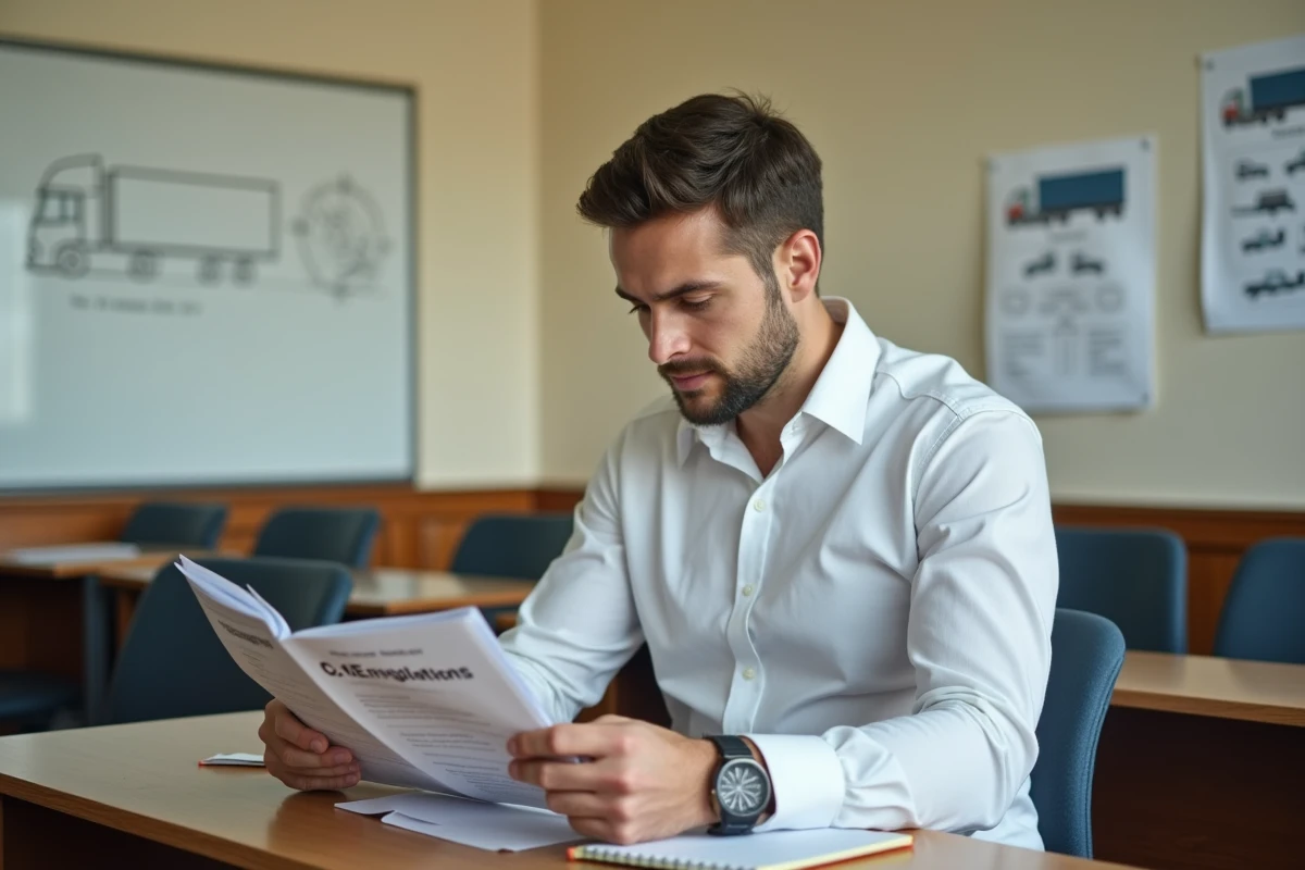 Étudiant en formation théorique pour l'obtention du permis C1E dans une auto-école