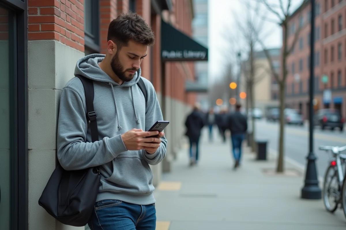Jeune homme utilisant un smartphone fissuré devant une bibliothèque publique, symbole de l'inégalité d'accès au numérique