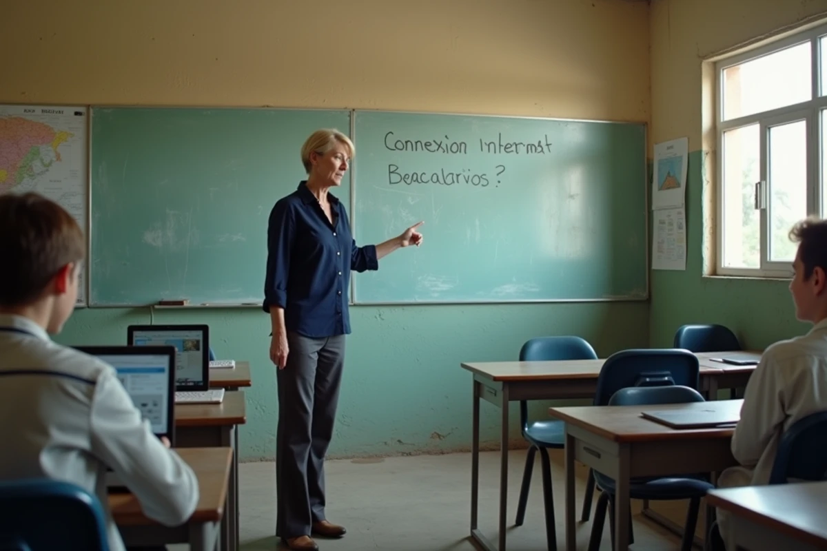 Enseignante dans une école rurale expliquant l'accès à Internet à des élèves face à la fracture numérique éducative