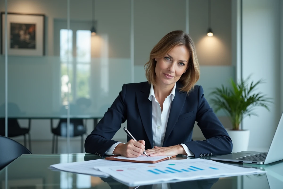 Conseillère en gestion de patrimoine analysant les catégories d'actifs non soumis à l'IFI dans un bureau moderne