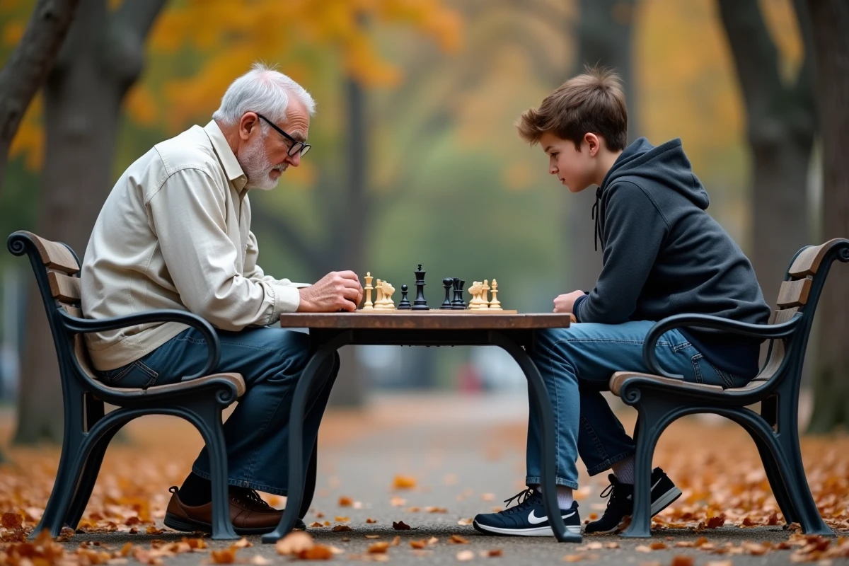Grand-père et adolescent jouant aux échecs dans un parc en automne, symbolisant le partage intergénérationnel