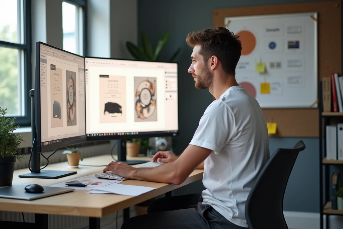 Graphiste masculin comparant deux approches de design sur écran dans un studio moderne, représentant le design visuel et fonctionnel