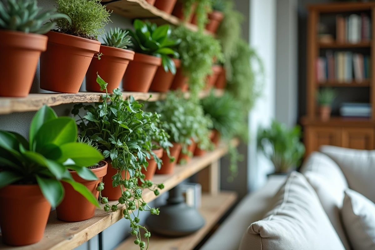 Gros plan sur un panneau de mur végétal avec pots en terre cuite et plantes retombantes dans un salon contemporain
