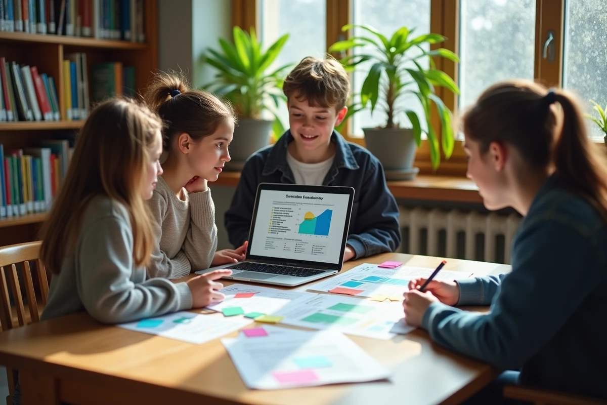 Groupe d'élèves de lycée travaillant ensemble sur un projet de développement durable avec des documents imprimés dans une bibliothèque scolaire