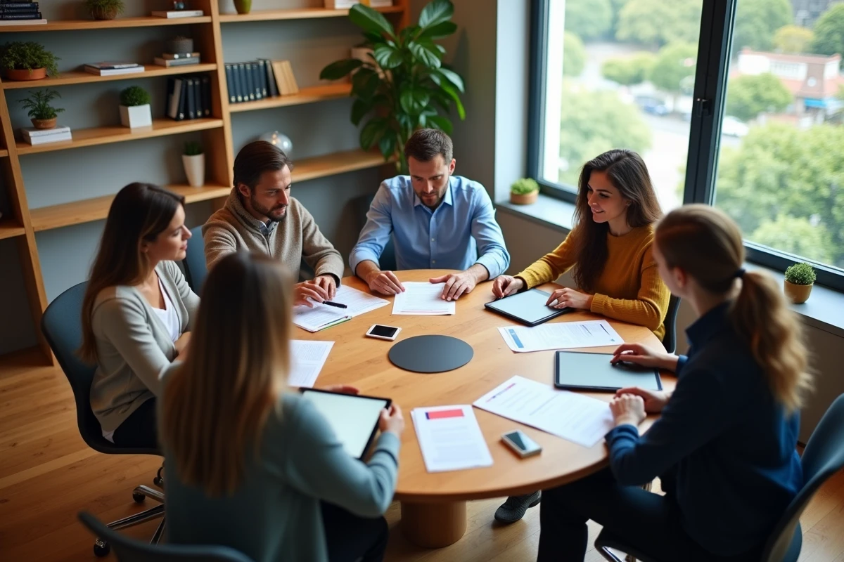 Groupe de professionnels réunis autour d'une table ronde pour une prise de décision collective dans un bureau lumineux