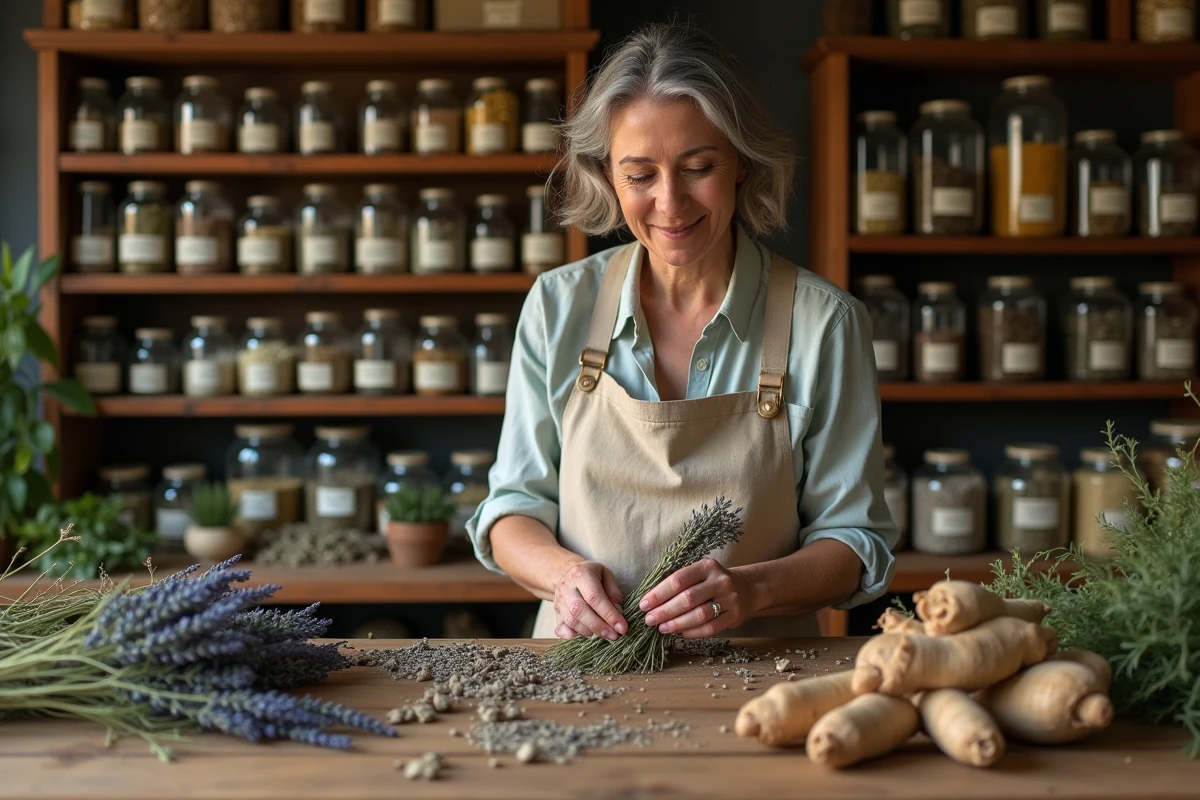 Herboriste triant des plantes médicinales séchées dans une boutique d'herboristerie traditionnelle avec des étagères remplies de bocaux en verre