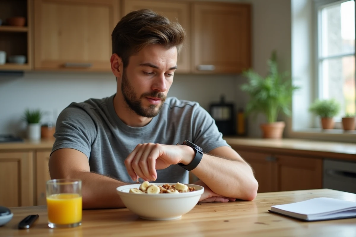 Jeune homme consultant sa montre en mangeant un petit-déjeuner nutritif pour prendre du poids