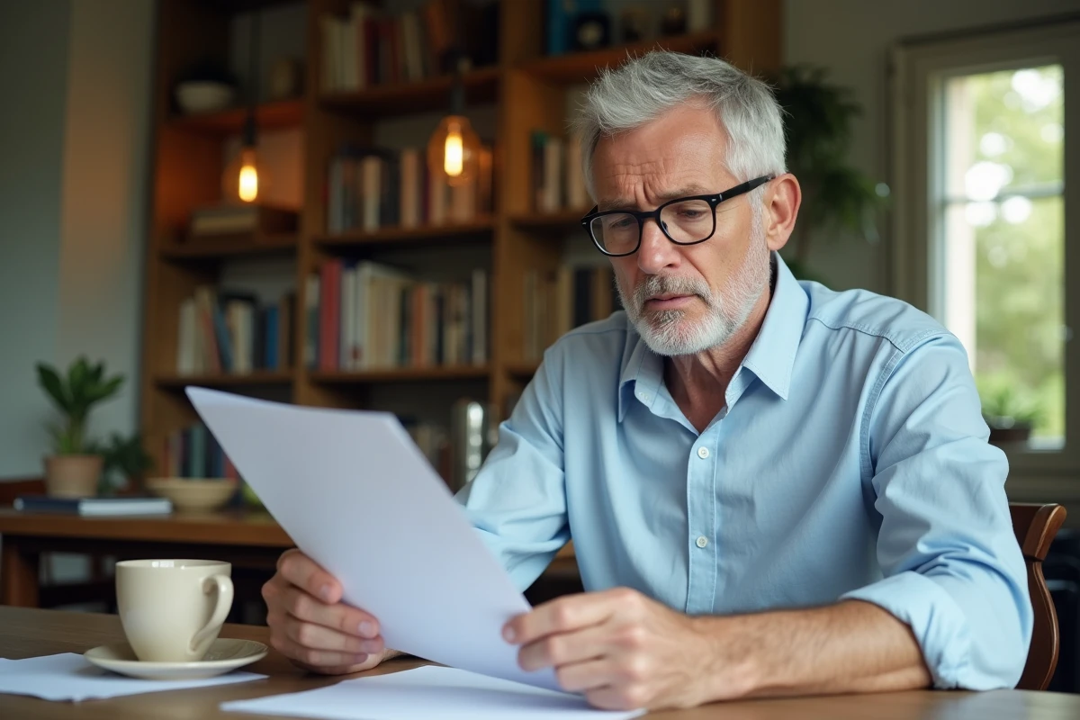 Homme de 62 ans consultant ses documents de retraite à la maison