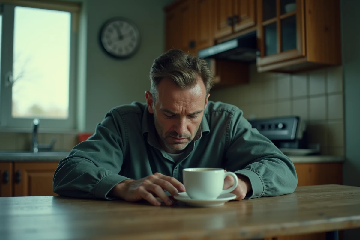 Homme épuisé devant son café le matin, reflétant les conséquences d'un mauvais sommeil