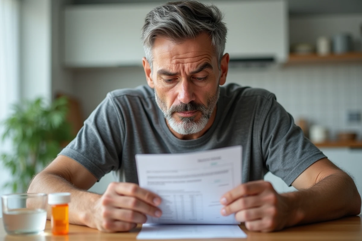 Homme fatigué consultant ses résultats d'analyse de sang à domicile
