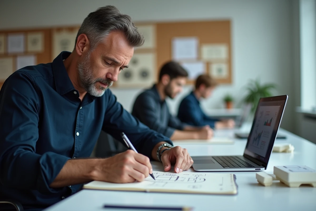 Homme concentré dessinant des concepts de produits innovants dans un carnet, dans un laboratoire d'innovation d'entreprise
