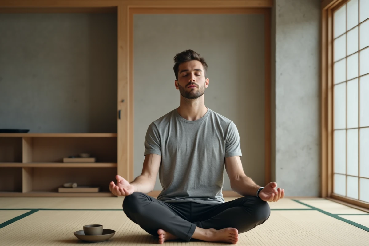 Homme en méditation dans un intérieur minimaliste japonais avec tatami et mobilier épuré