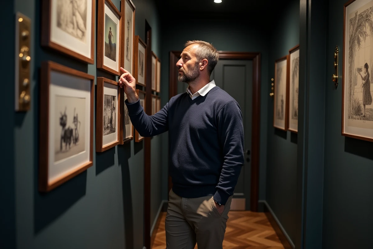 Homme ajustant un tableau dans un couloir décoré d'un mur de cadres éclectiques et personnalisés