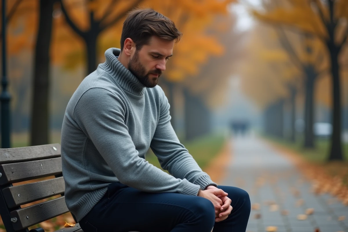 Homme pratiquant la pleine conscience en plein air assis sur un banc dans un parc en automne