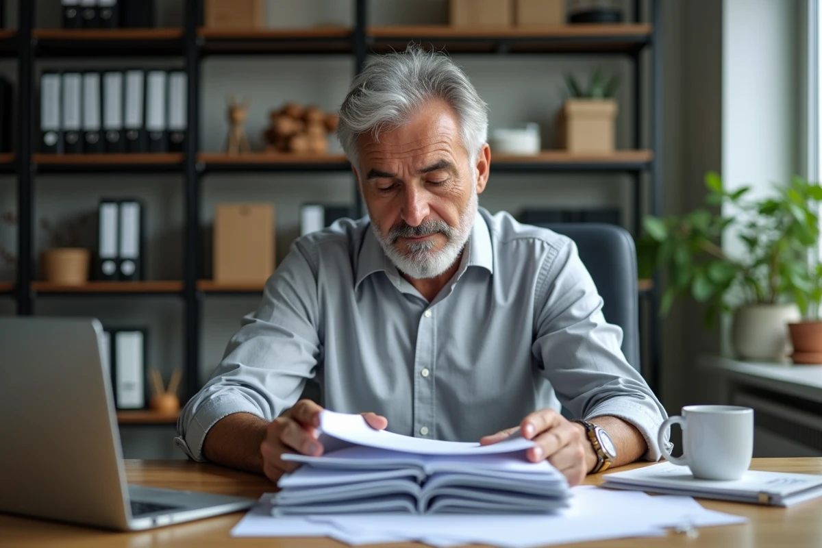 Homme consultant ses dossiers et formulaires administratifs pour préparer son départ à la retraite
