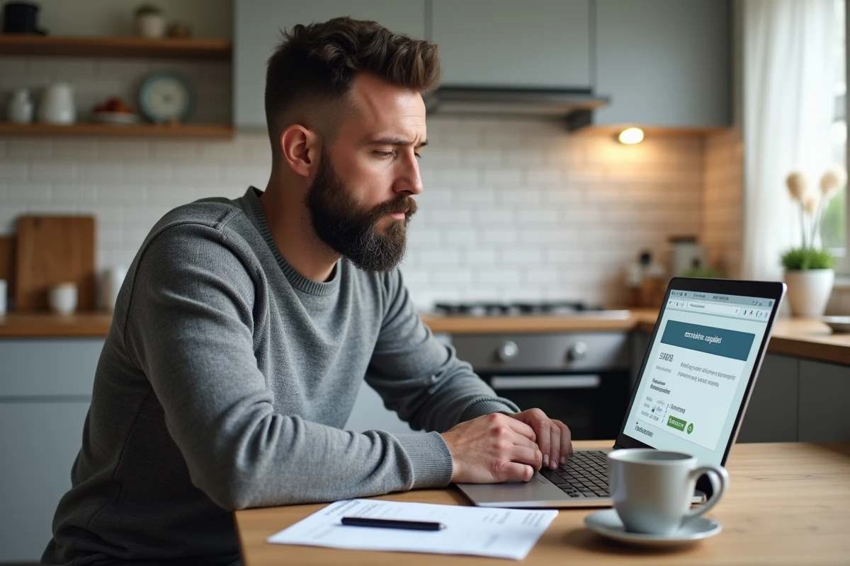 Un homme de 45 ans consulte un simulateur de retraite en ligne sur son ordinateur portable à la maison avec sa fiche de paie, cherchant à comprendre si le 13e mois est pris en compte pour sa retraite
