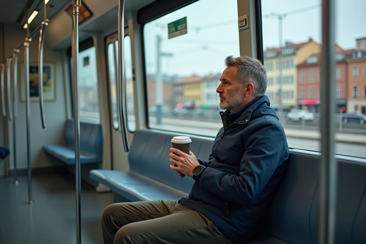 Homme pensif dans un tramway électrique moderne observant le paysage urbain par la fenêtre