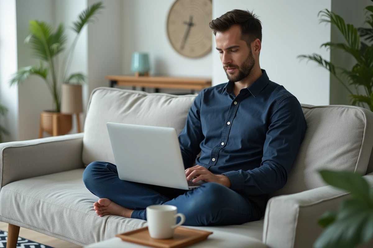Homme travaillant à la maison sur un canapé avec un ordinateur portable dans un appartement moderne