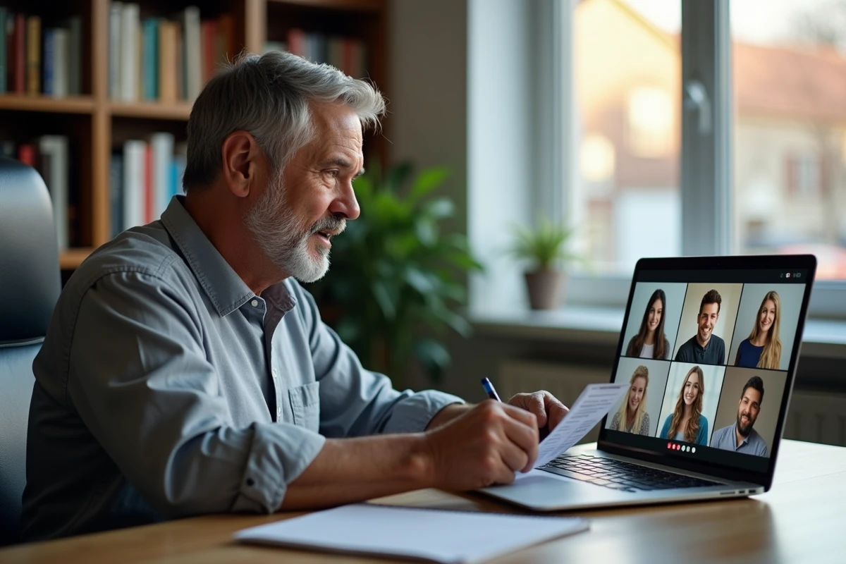 Homme en visioconférence avec sa famille pour coordonner une réunion familiale depuis son bureau