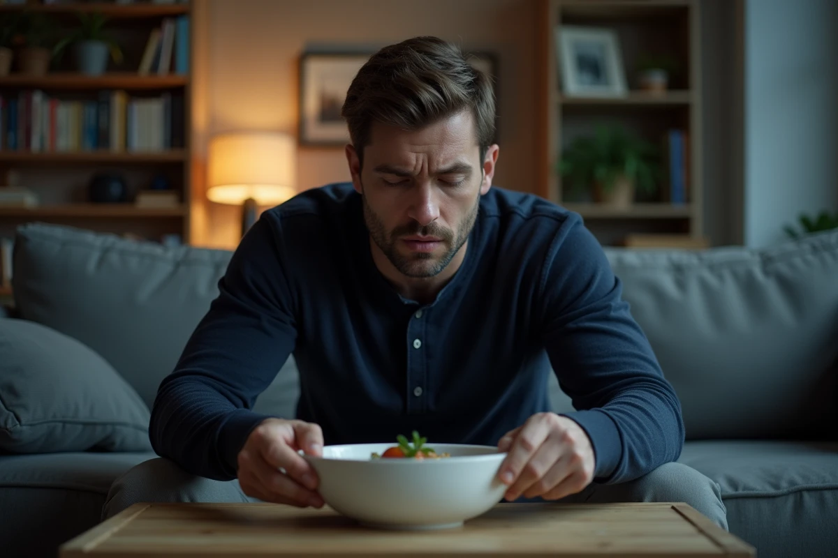 Homme irritable et de mauvaise humeur assis sur un canapé après le dîner dans un appartement