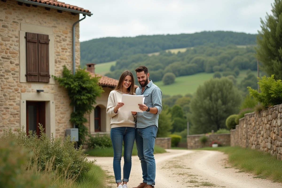 Couple de jeunes adultes devant une maison de campagne à vendre dans une région rurale et abordable de France