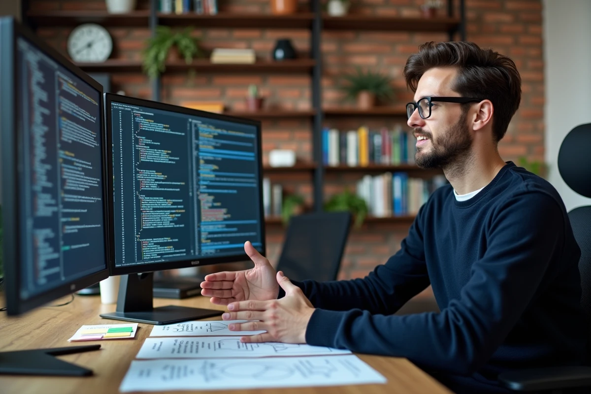 Ingénieur logiciel analysant la taille et l'architecture d'un grand modèle de langage comme ChatGPT sur un écran de bureau