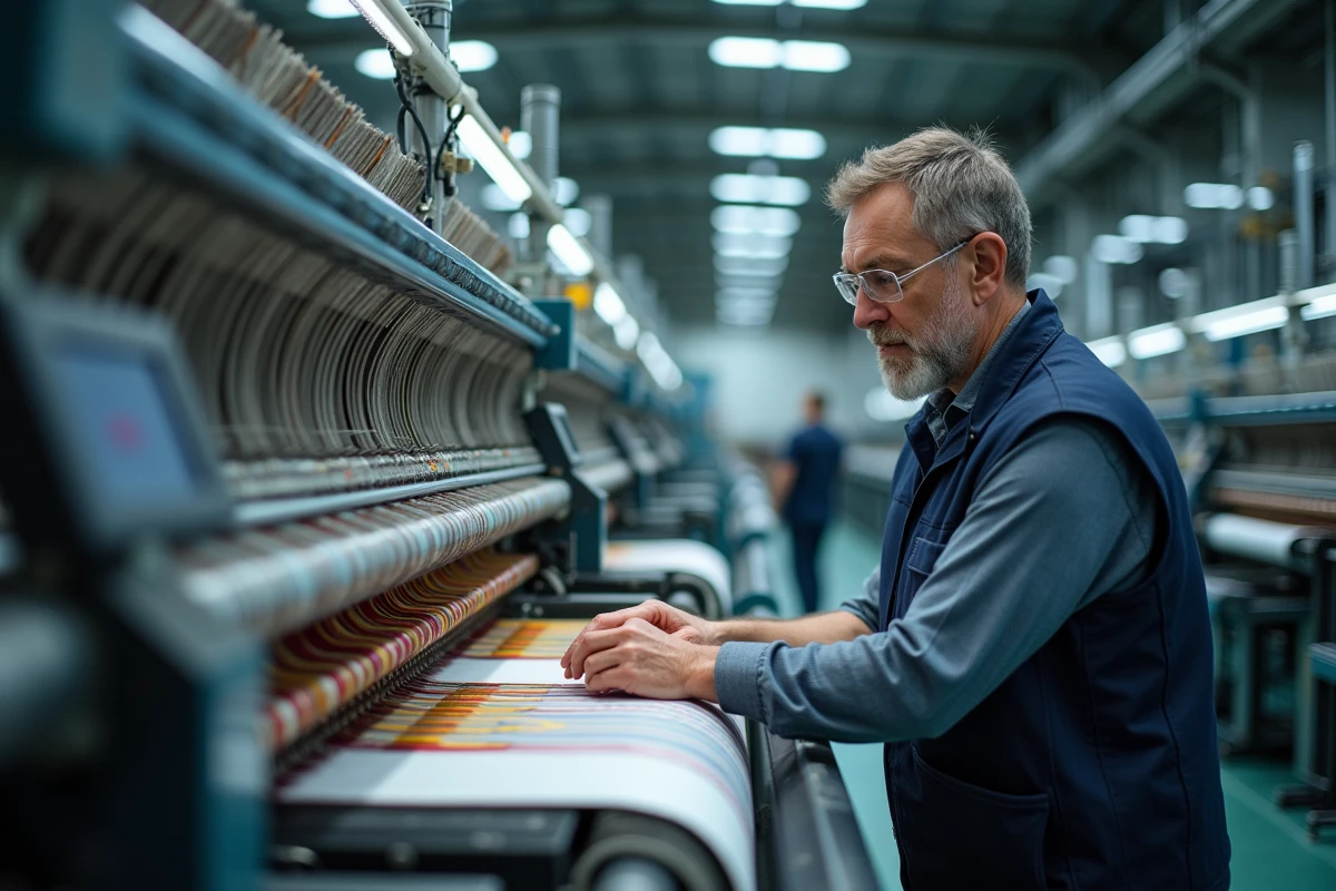 Ingénieur textile travaillant sur un métier à tisser Jacquard industriel dans une usine textile moderne