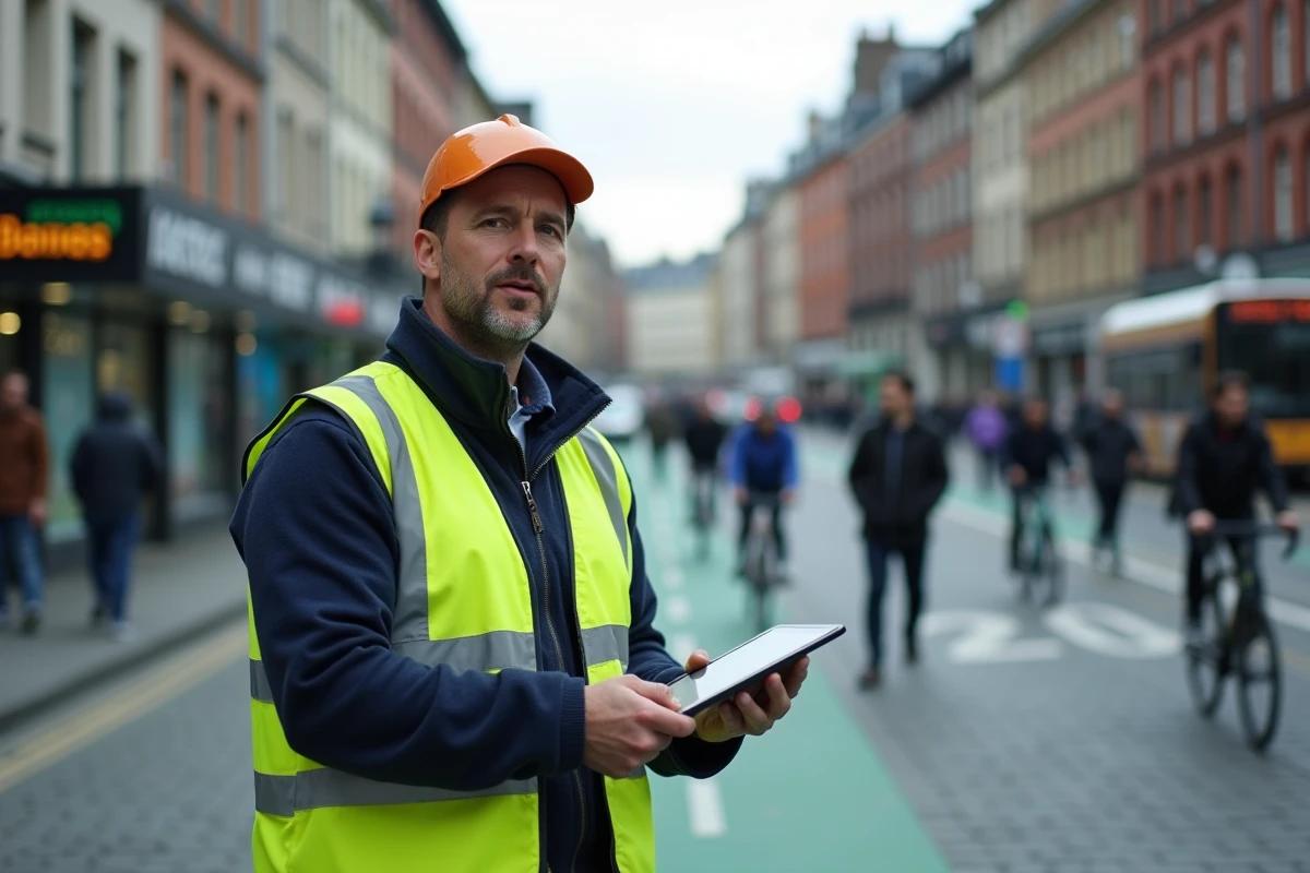 Ingénieur en mobilité sur le terrain observant la circulation urbaine avec une tablette numérique pour l'élaboration d'un plan de mobilité