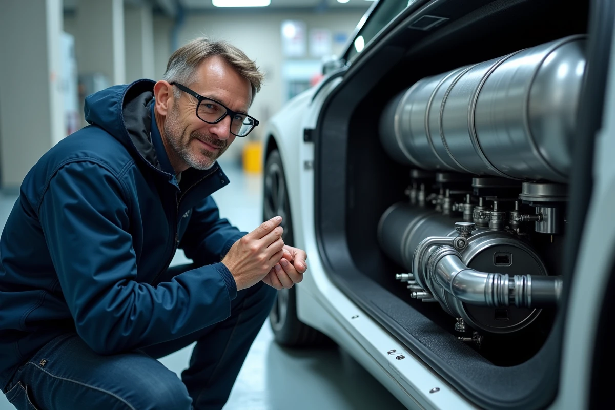 Ingénieur automobile inspectant le moteur à pile à combustible hydrogène d'un véhicule de recherche