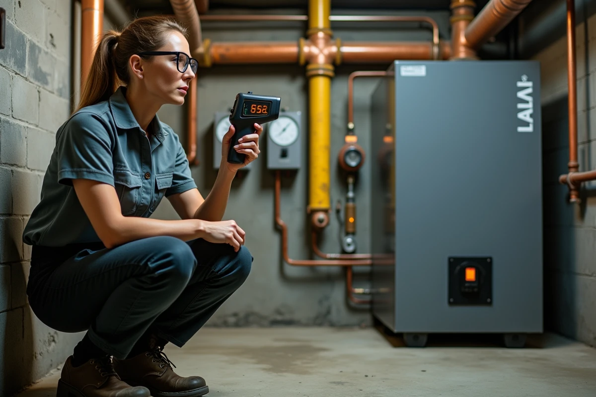 Ingénieure en thermique contrôlant les canalisations de chauffage dans la chaufferie d'une copropriété