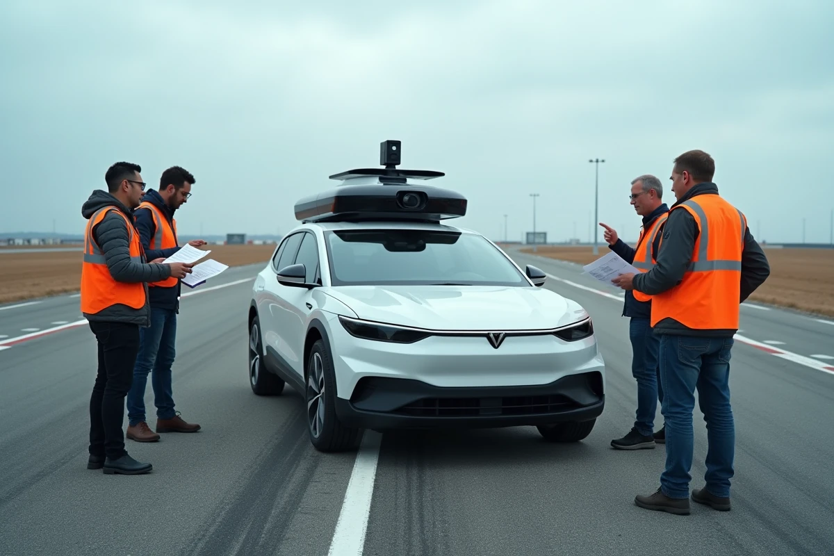 Ingénieurs examinant un véhicule autonome sur une piste d'essai avec capteurs visibles