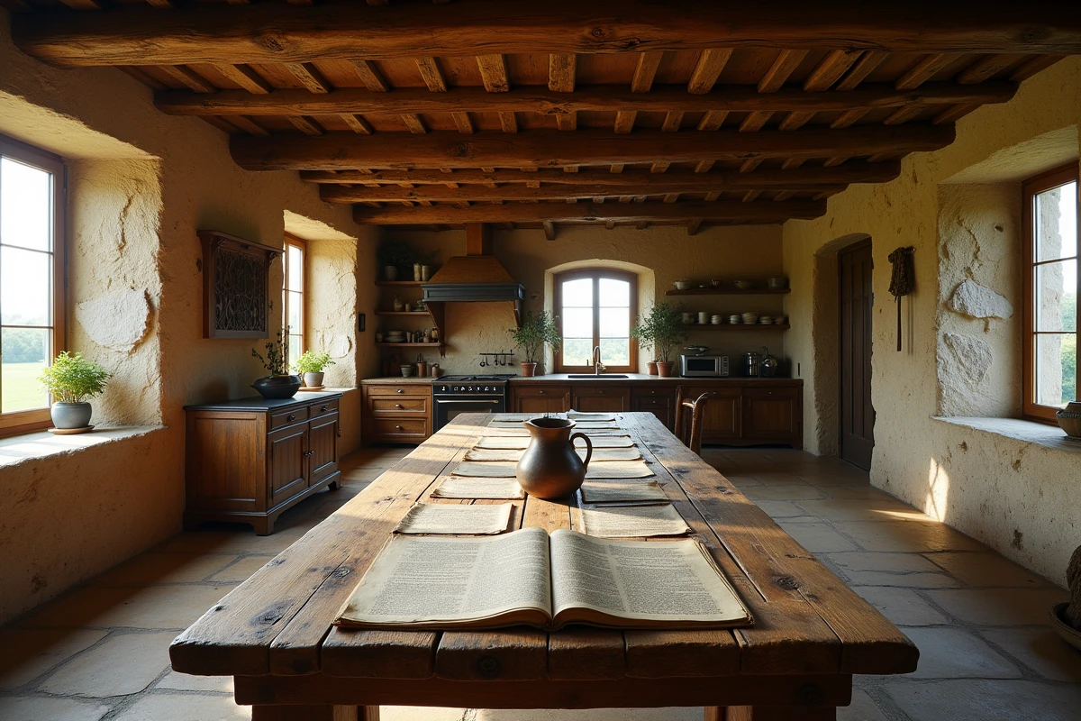 Intérieur rustique d'une cuisine de ferme ancienne avec documents historiques sur une table en chêne et murs en pierre