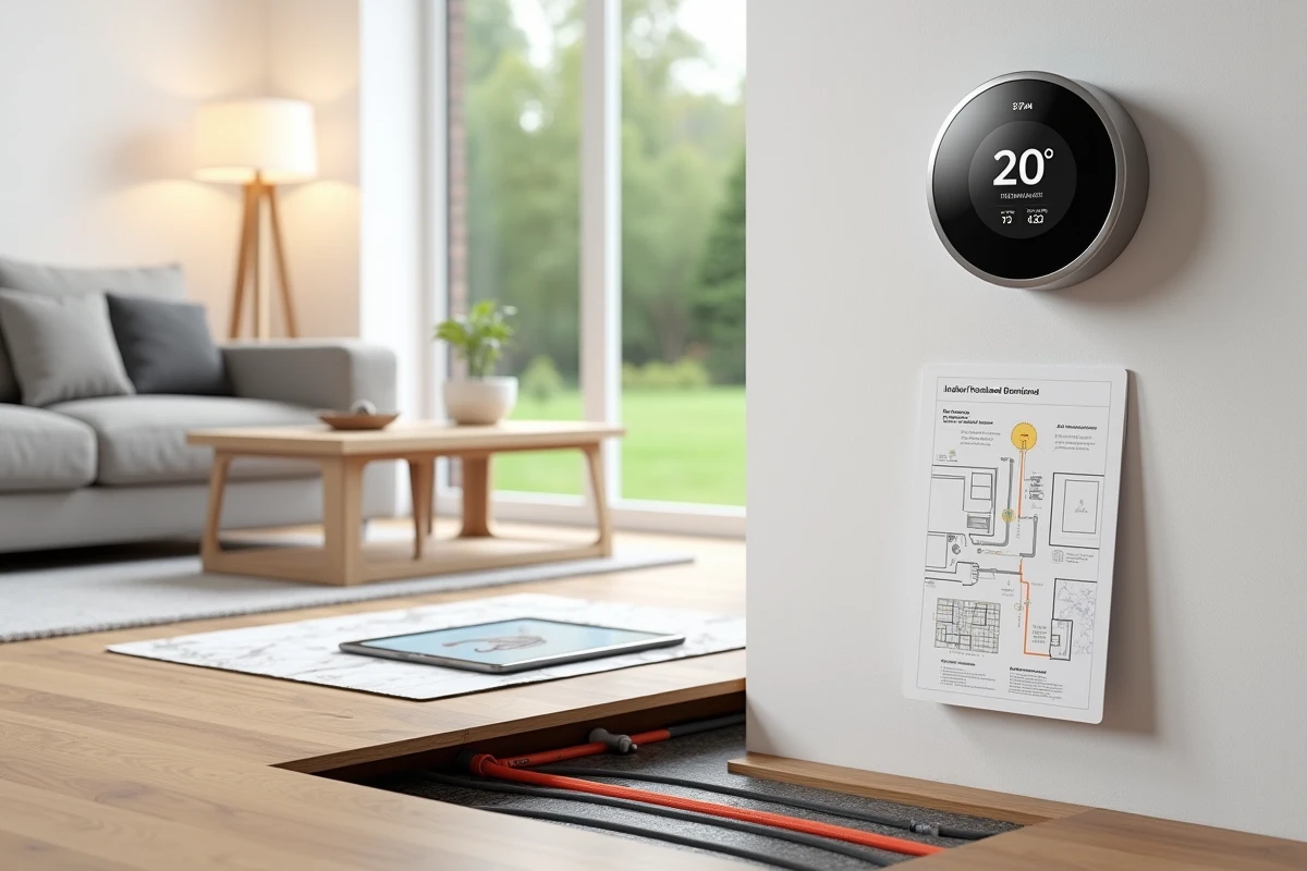 Intérieur de maison moderne avec thermostat connecté au système de chauffage solaire et plancher chauffant visible