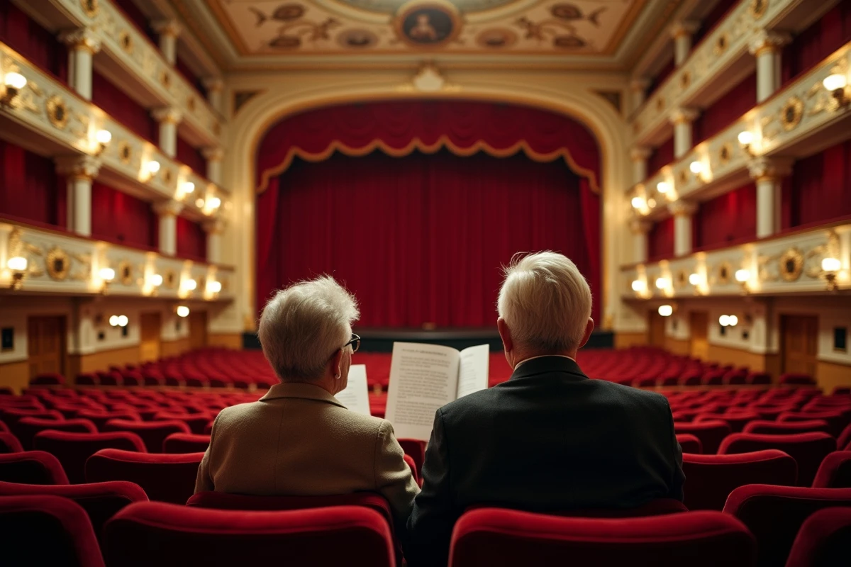 Intérieur d'une salle de théâtre parisienne avec fauteuils en velours rouge et scène encadrée d'une arche dorée