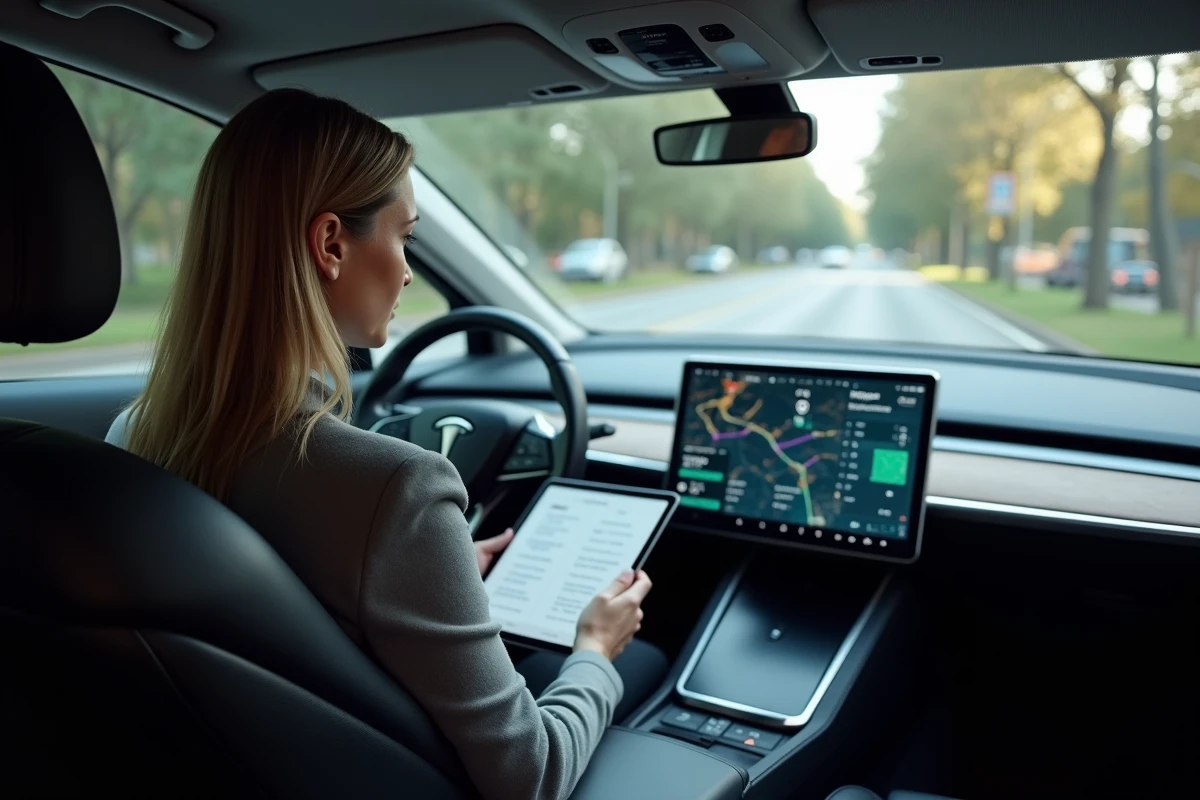 Intérieur d'une voiture autonome avec écran de navigation et conductrice sans les mains sur le volant